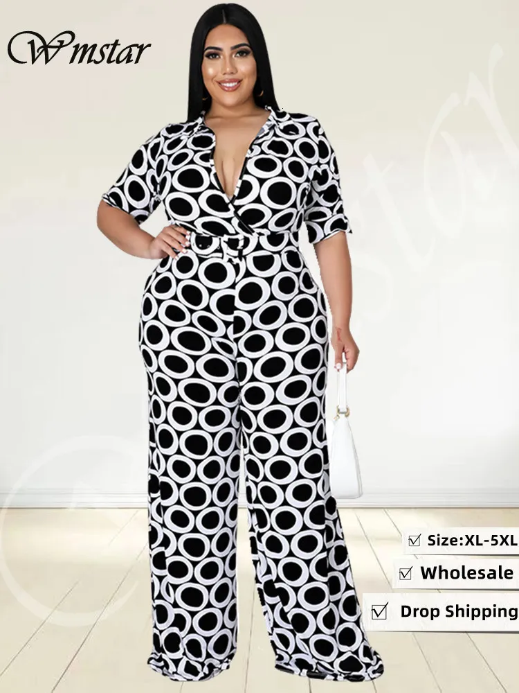 Women's Plus Size Jumpsuits Rompers Wmstar Women Jumpsuit Summer Clothes Printed V Neck with Belt Urban Leisure Bodysuit Wholesale Drop 230325