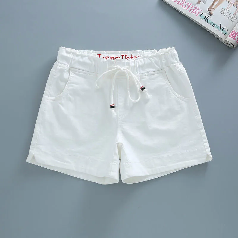 Women's Shorts Summer Korea Fashion Women Elastic Waist Solid Loose Shorts All-matched Casual Cotton Denim White pants V411 230325