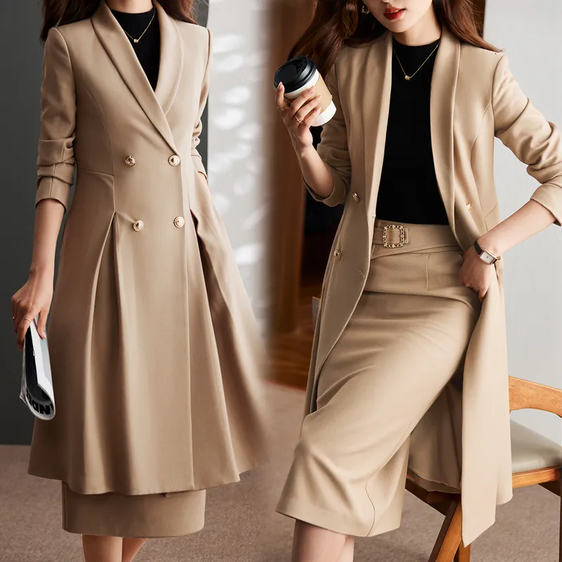 İki parçalı elbise haki yüksek kaliteli sonbahar kış resmi bayanlar uzatma blazer kadınlar iş kıyafetleri iş kıyafetleri ofis üniforma pantolon ceket setleri 230324
