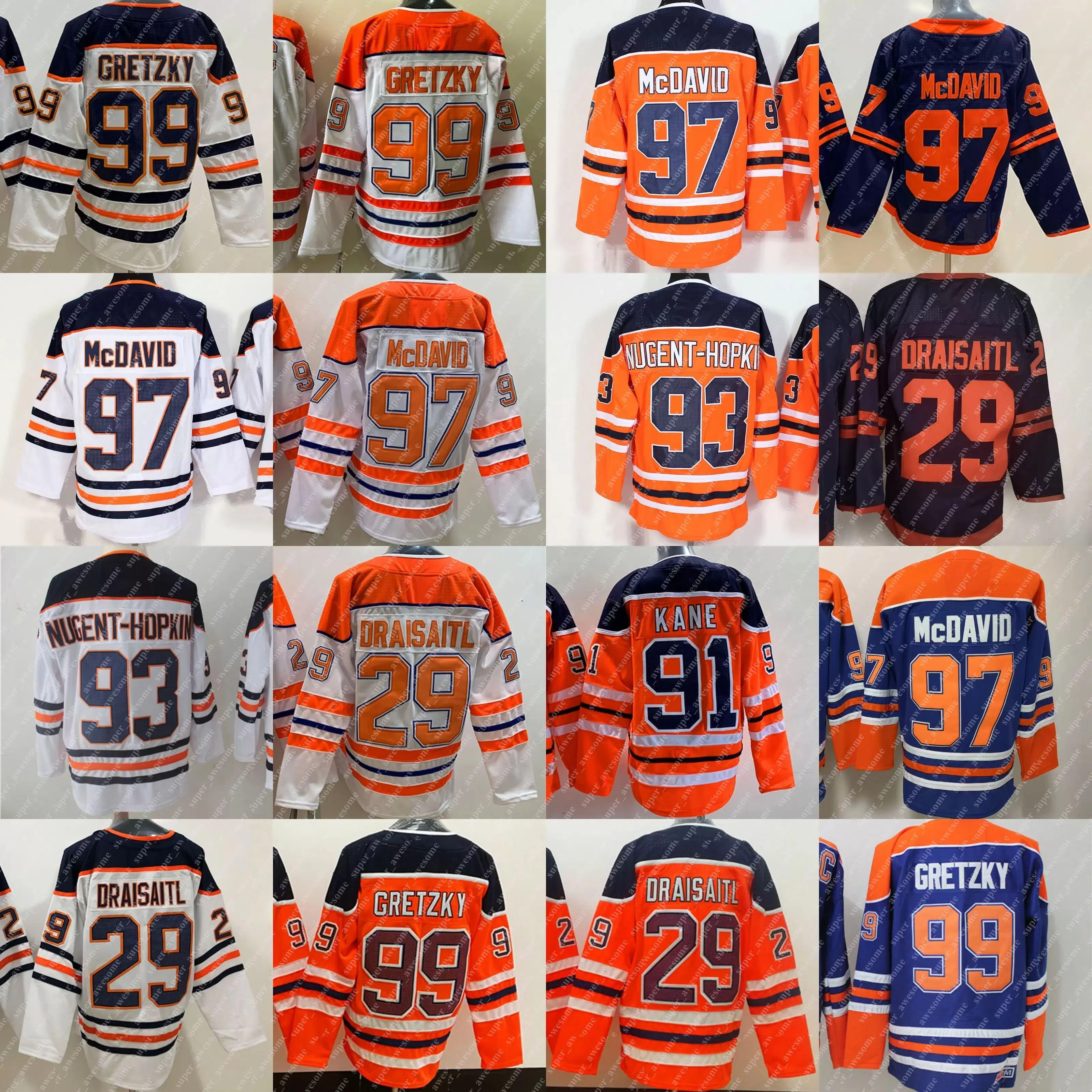 Custom 97 Connor McDavid Jersey 99 Wayne Gretzky 29 Leon Draisaitl 93 Ryan Nugent-Hopkins 91 Evander Kane Hockey Jersys Orange White Navy R