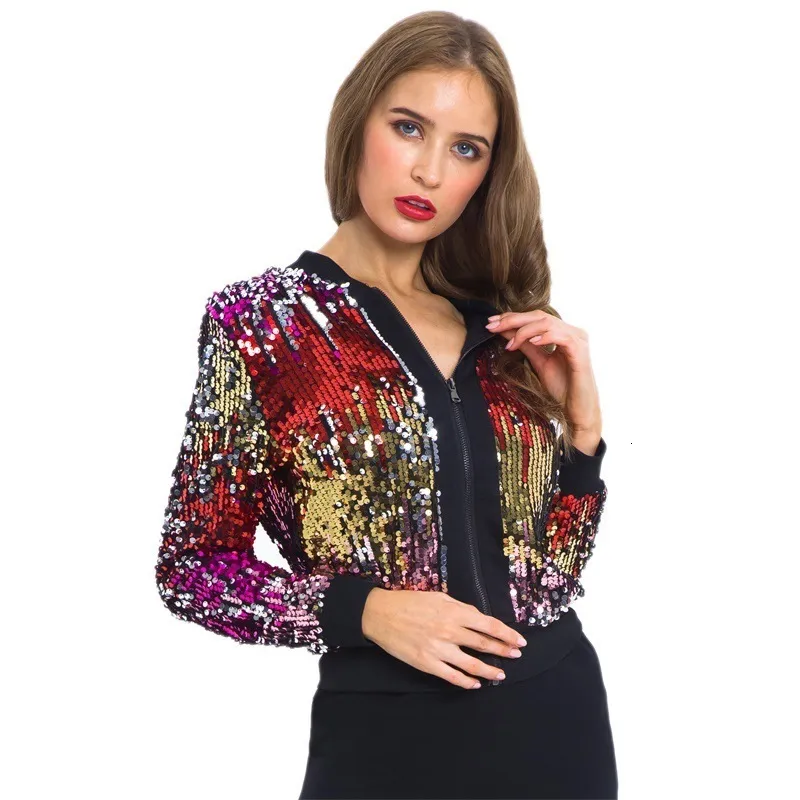 Giacche da donna Fashion Sparkly Glitter Corto Foderato Colore sfumato Paillettes Baseball Elegante Primavera Capispalla Ufficio Streetwear 230325