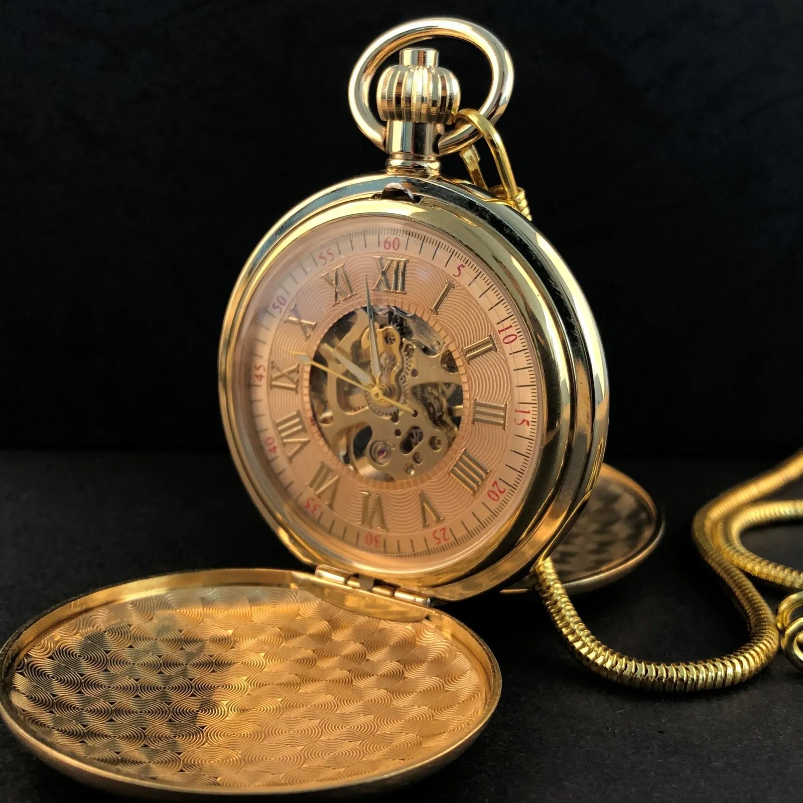 Cep Saatleri Vintage Gold 2 Side Açık Kasa İzleme Mekanik El Sergileyen Erkek Kadınlar Cep Saatleri Zincir Saat 230325