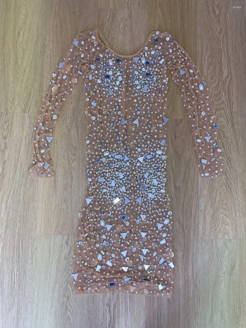 Stage Wear Nude Brillant Strass Miroir Paillettes Perles Sexy Combinaison Gaine Robe Pour Femmes Discothèque Party Tissu