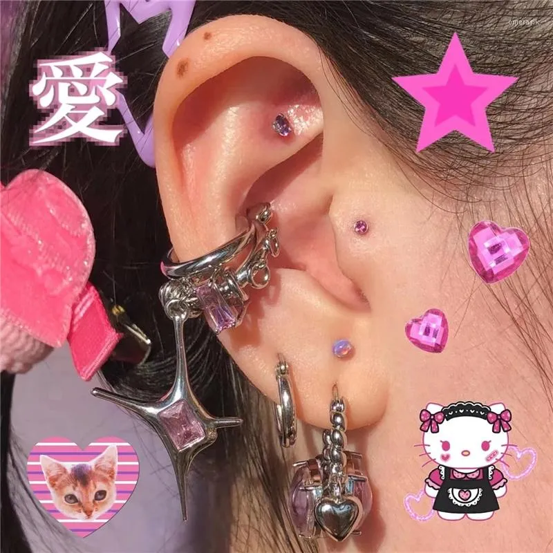 Boucles d'oreilles pendantes Goth Harajuku brillant doux Y2K asymétrique irrégulier rose étoile coeur pour femmes Egirl Halloween Grunge bijoux accessoires