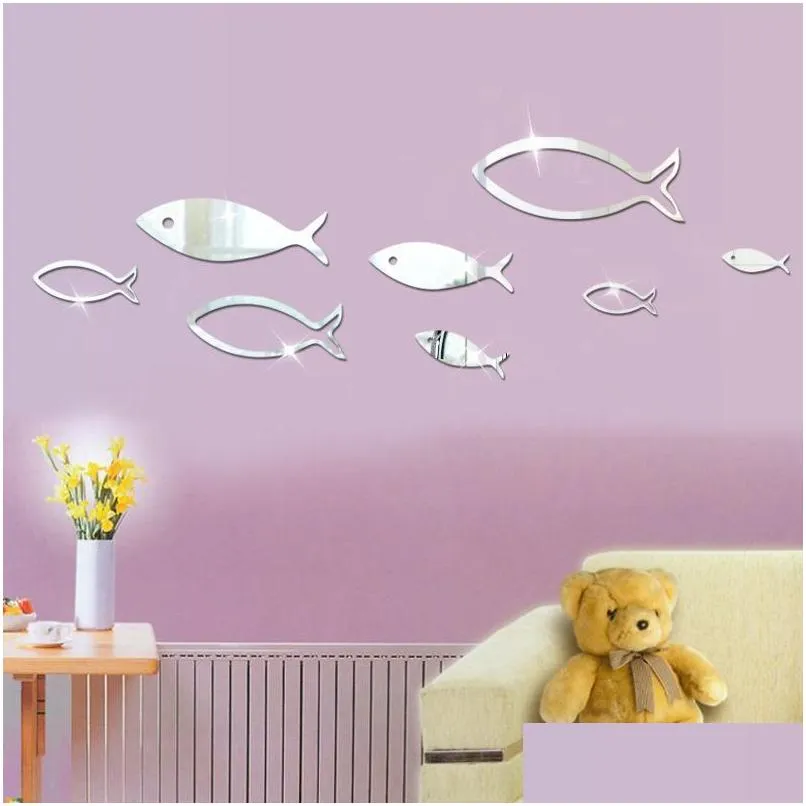 Wandaufkleber 8 Stück Wurf Fisch Acryl Spiegel Schlafzimmer Wohnzimmer Dekor Home Dekoration Zubehör Drop Lieferung Garten DHJ9L