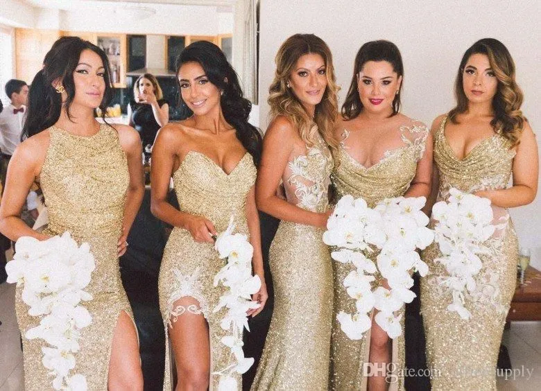 Sparkly Bling Gold Sequined Mermaid Bridesmaid Dresses Backless Slit Plus Size Maid Of The Honor Gowns Wedding Dress