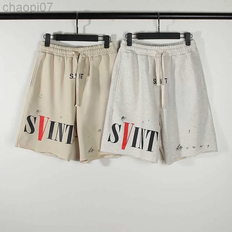 Designer moda algodão Terry shorts Saint Michael Co Religou Wash Old V Print Loose Fit Men e Women's Casual Pants