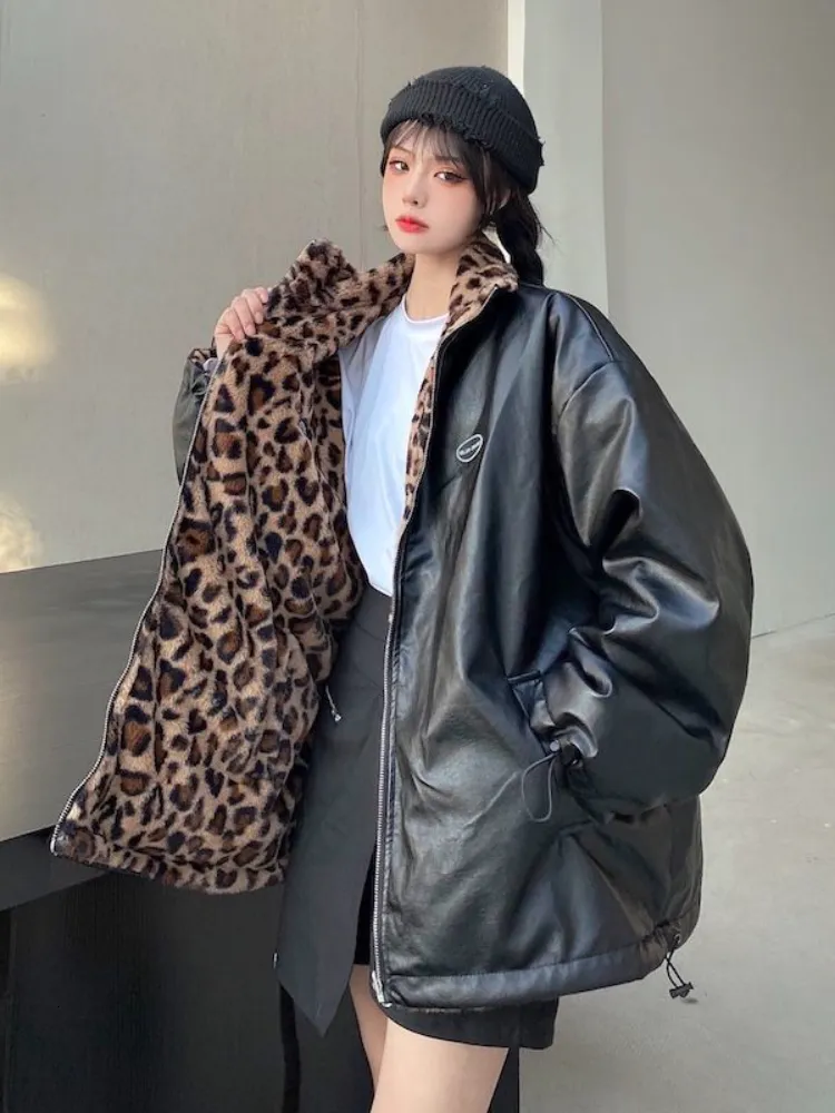 Women's Jackets Fashion Two-sided Wear Leopard Print Thick Plush Jacket Women Autumn Winter Retro Pu Leather Casual Coat Streetwear 230325