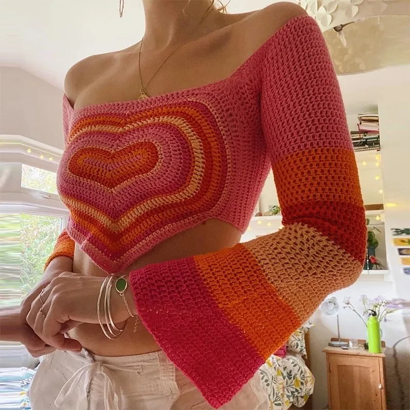 Womens Vintage Crochet Heart Pattern Knitted Crop Top Slash Neck