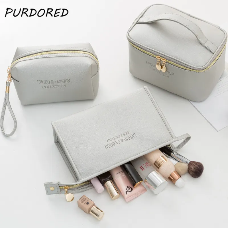 Custodie per cosmetici PURDORED 1 Pc Large Women Cosmetic Bag PU Leather Waterproof Zipper Make Up Bag Travel Wash Makeup Organizer Beauty Case 230324