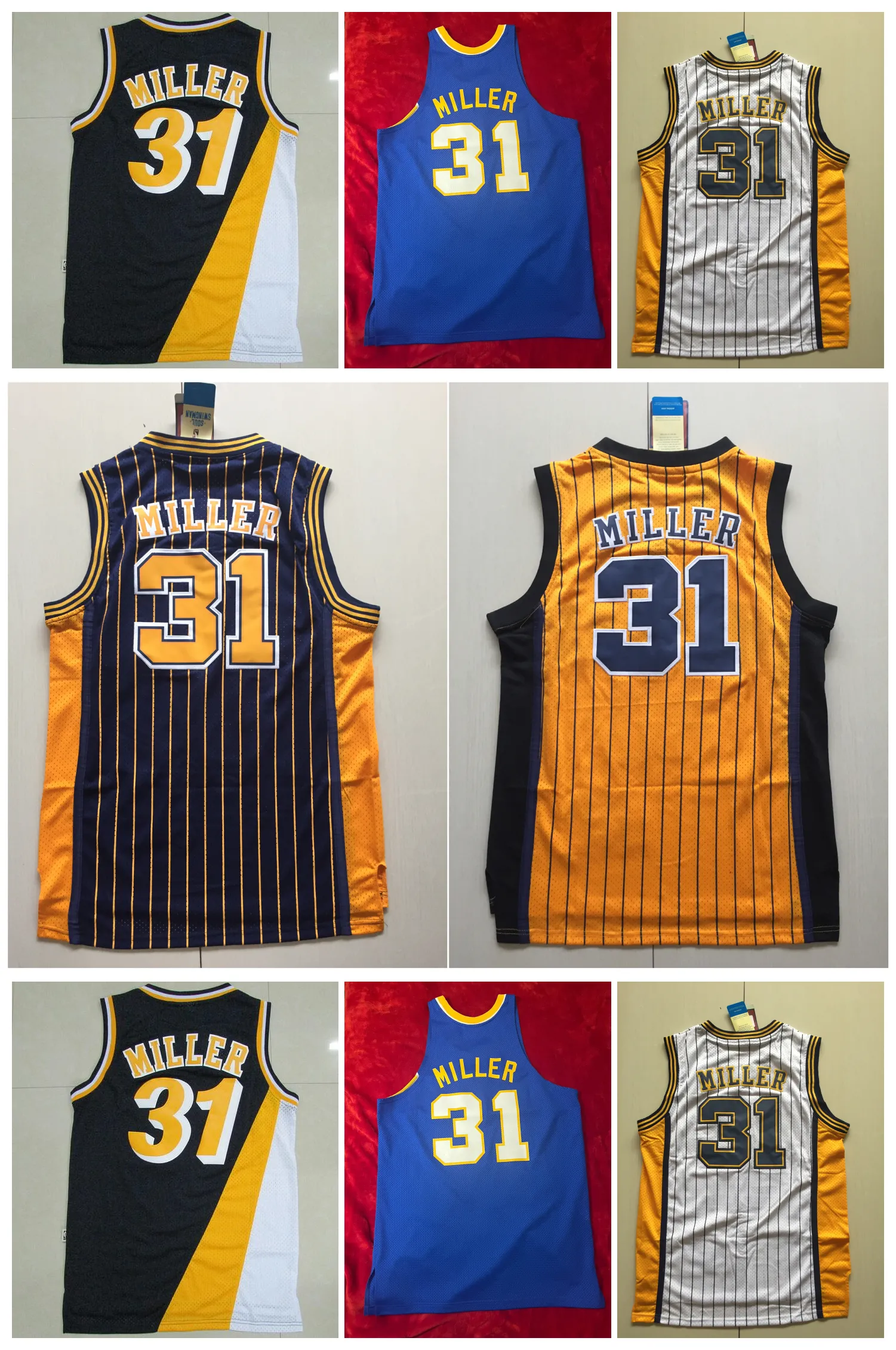 Pacer Reggie Miller كرة السلة Jersey Indiana Throwback أصفر أزرق أبيض الحجم S-3XL