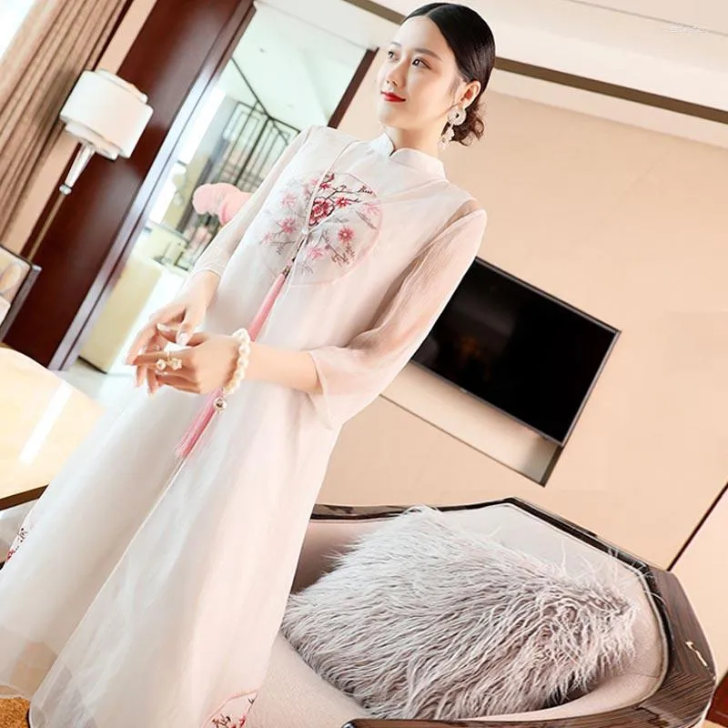 エスニック服2023チャイニーズサマードレス刺繍チョンサム女性QIPAO中国オリエンタルスタイルドレススーツクラシックフェアリー2ピースセット