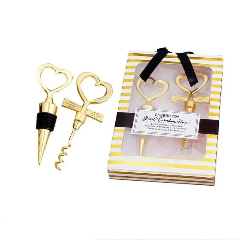 Gold Wine Opener Stopper Love Set Present Box Elegant Heart Shaped Bottle Openers Corkscrew Champagne Valentines Wedding Souvenir Gifts Party Favor RRA