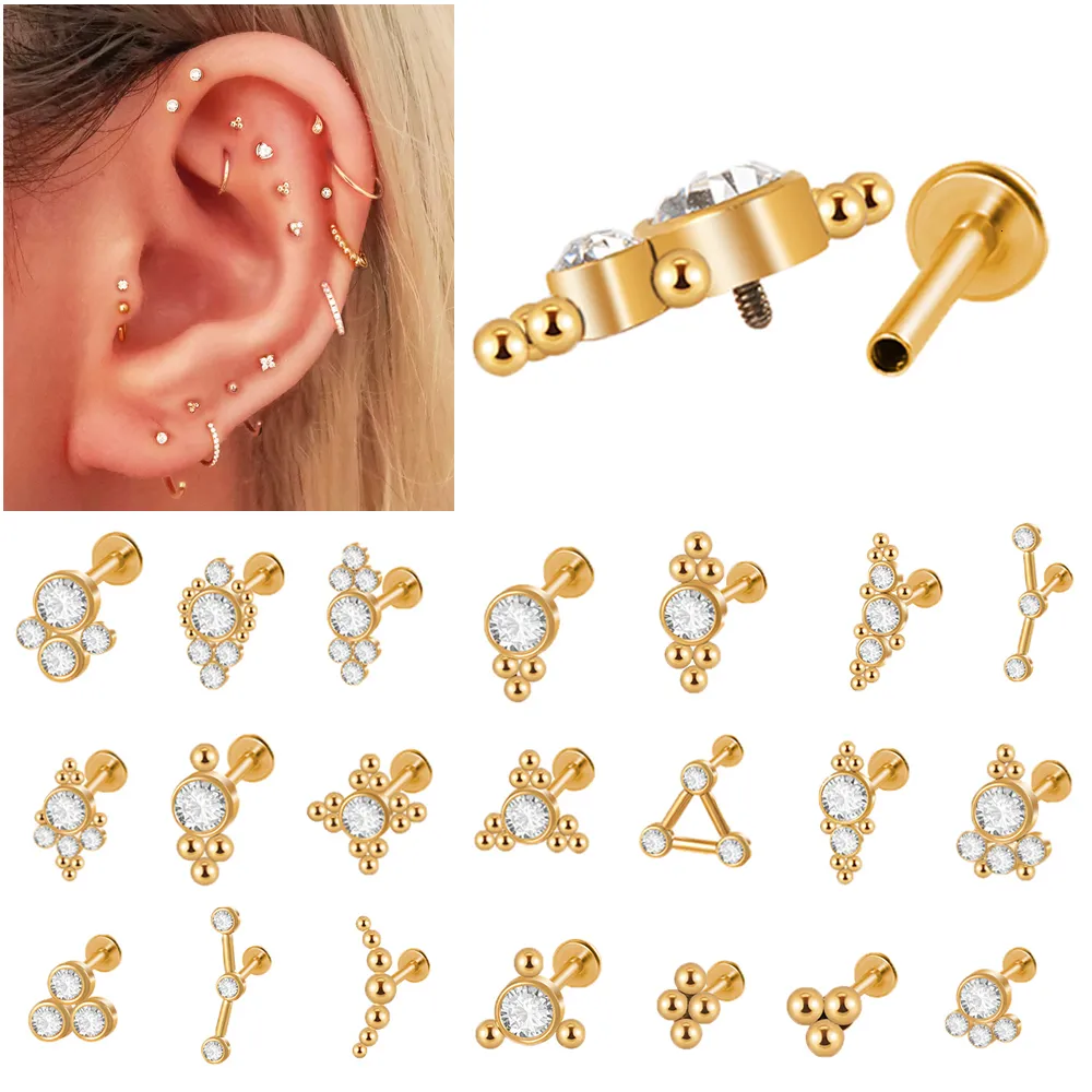 Nasenringe Ohrstecker 1PC 316L Stahl 16G vergoldet Cz Labret Lippenring Kristall Cluster Ohrknorpel Tragus Helix Daith Piercing Schmuck 230325