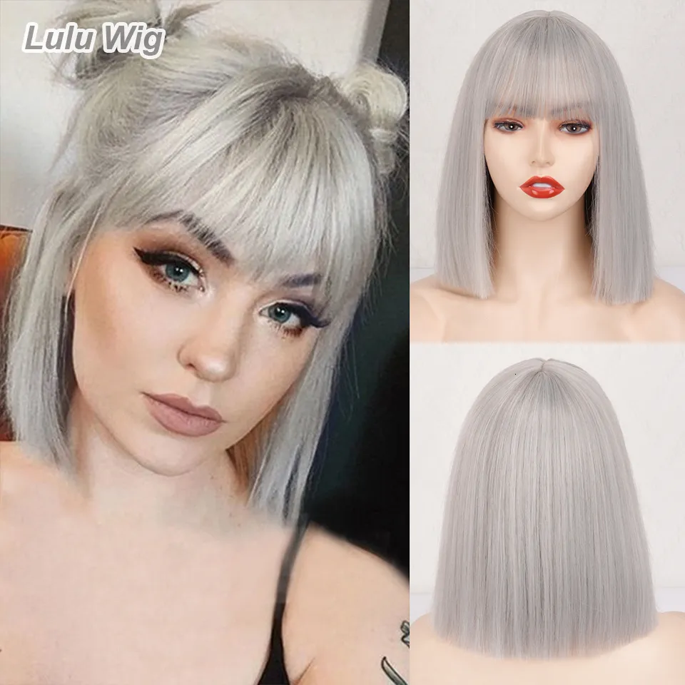 Parrucche sintetiche Corto grigio argento Bob con frangia dritto per le donne Cosplay Daily Party Red blackpink Wig 230324