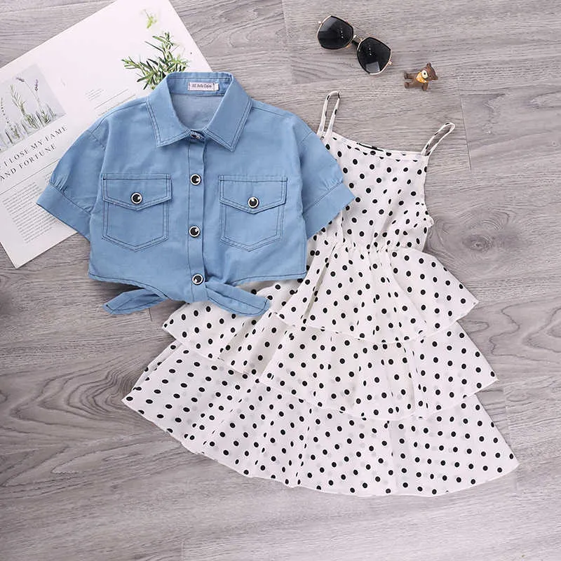 Girl's Dresses 2Pcs Kids for Girls Elegant Sling Princess Blue Denim Jacket 3-11 Years Girl Flower Summer Children Clothes