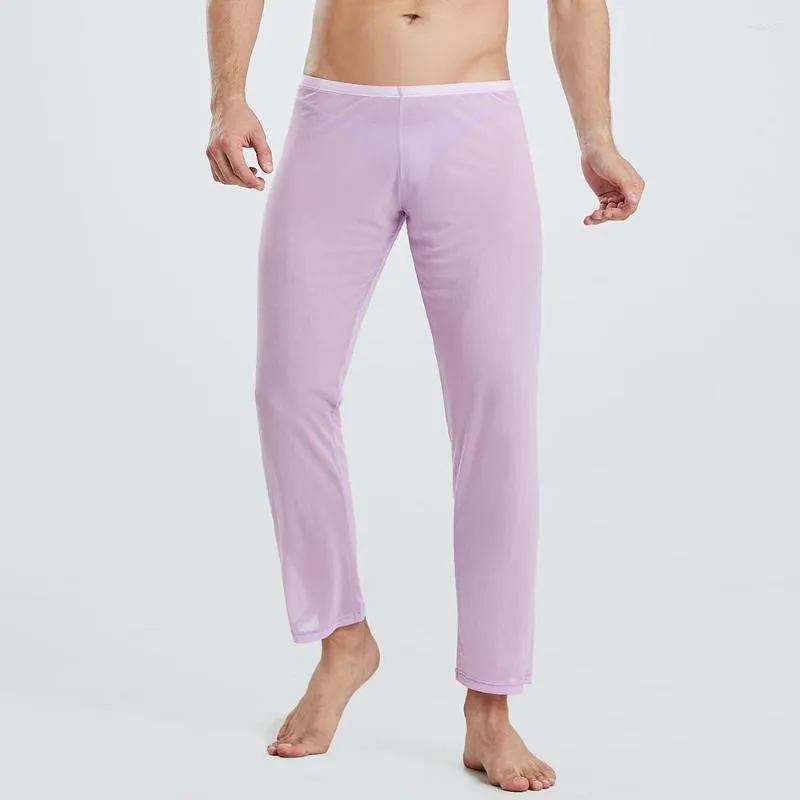 Calças de pijama masculinas pijamas soltos malha nightwear homens para homens sexy pura seda transparente