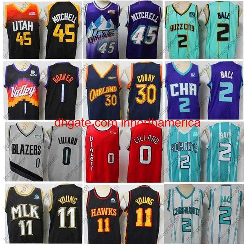 Camisetas de baloncesto retro LaMelo 2 Ball Vintage Donovan 45 Mitchell 2021 Trae 11 Young Stephen Damian 0 Lillard Devin 1 Booker Jersey Curry