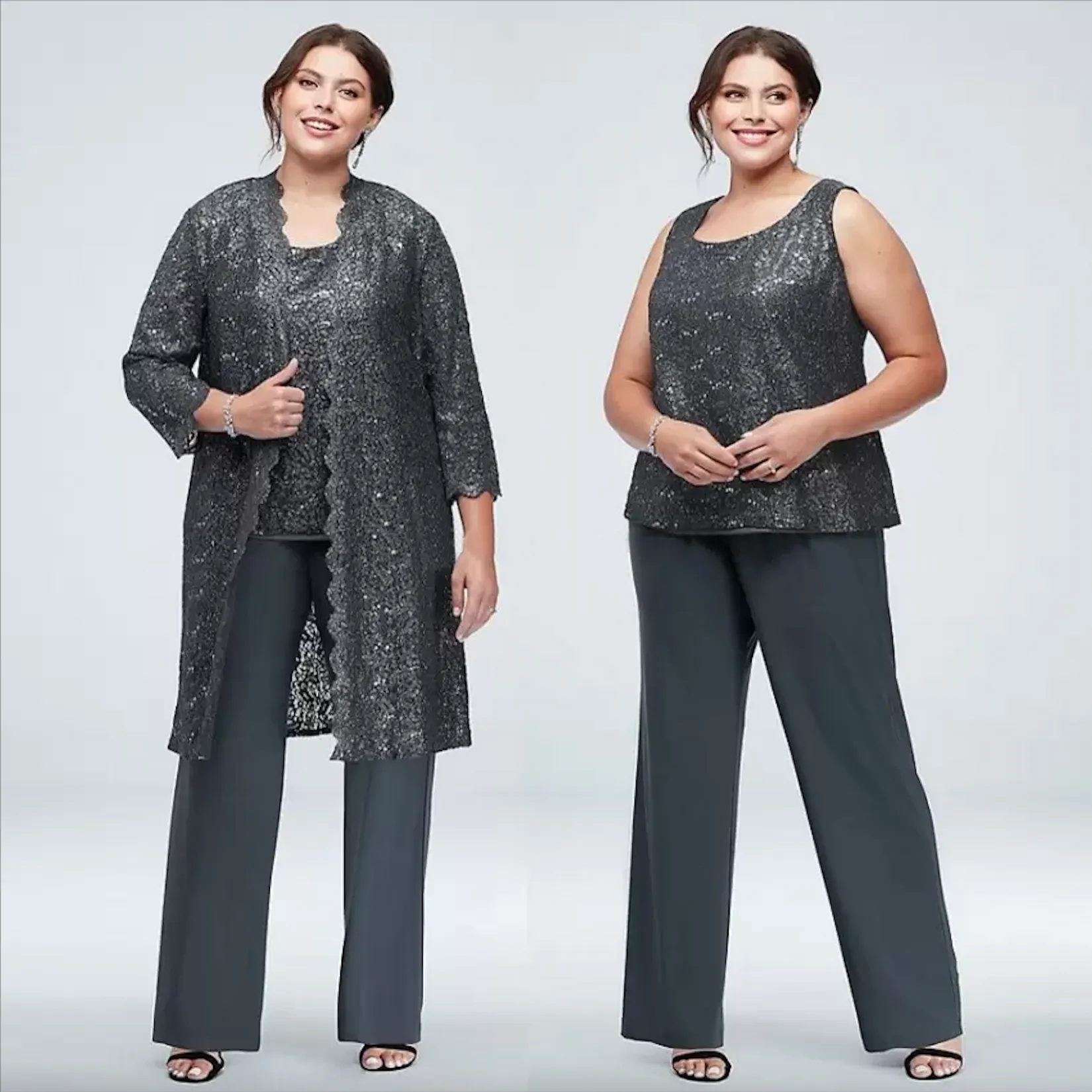 Plus size lovertjes kant kant moeder van het bruid pant -pak met jas - chiffon bruiloft gasten outfit in sparky design