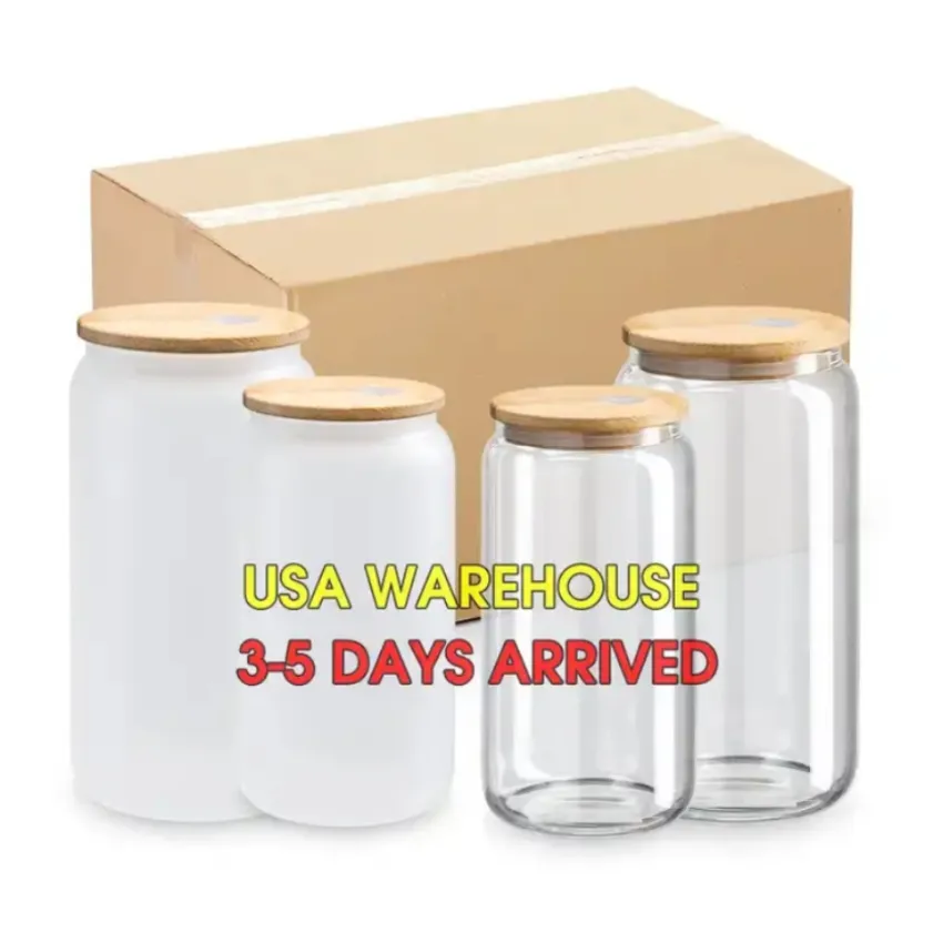 2 Days Delivery Sublimation Wine Glasses Beer Mugs with Bamboo Lids And Straw DIY Blanks Frosted Clear Mason Jar Tumblers Cocktail Iced Coffee Soda Whiskey Cups
