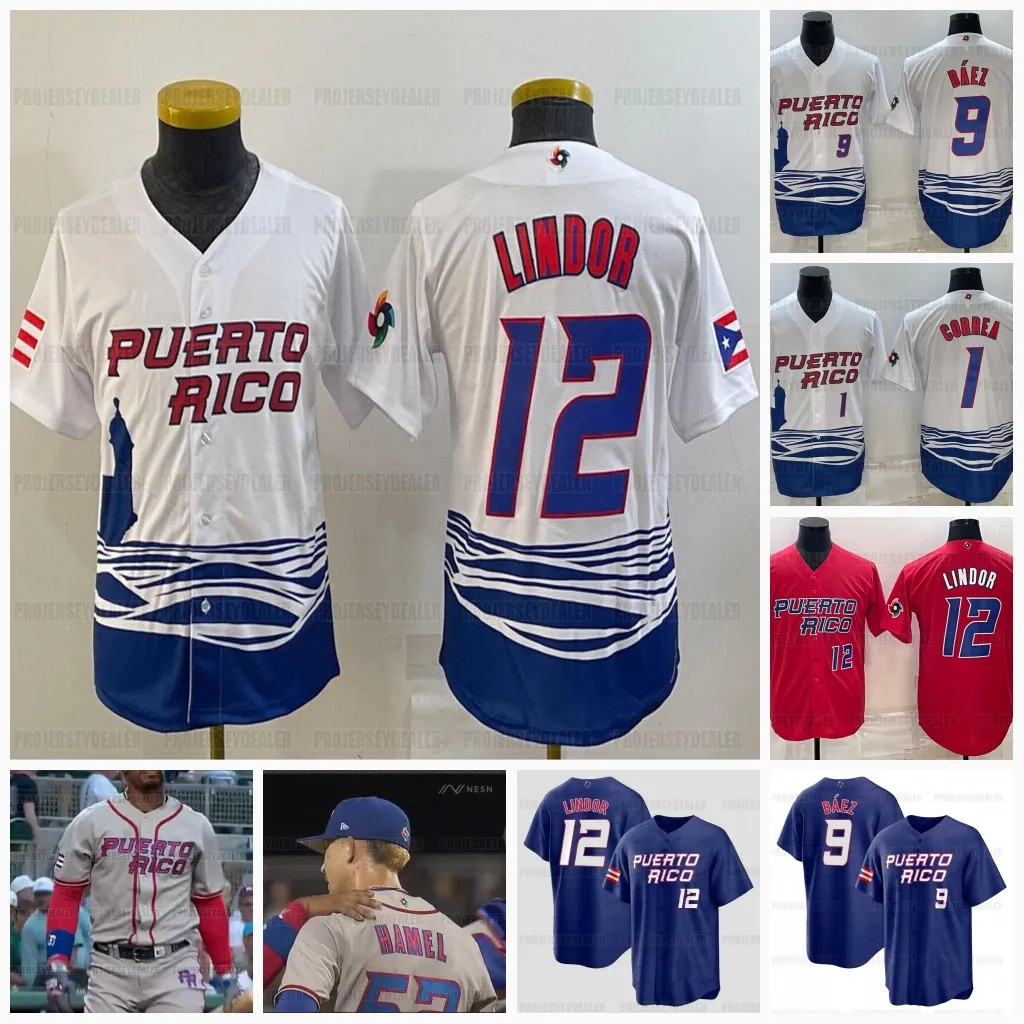 فريق بورتوريكو 2023 World Baseball Classic Jersey WBC Francisco Lindor Carlos Correa Javier Baez Edwin Diaz Marcus Stroman Enrique Hernandez Eddie