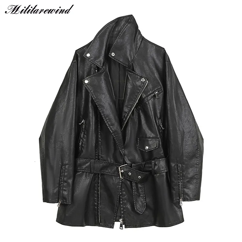 Women's Jackets 2023 Moto biker Black Leather Midlong Women BF Style Cool PU Adjustable Waist Coat Female 230324