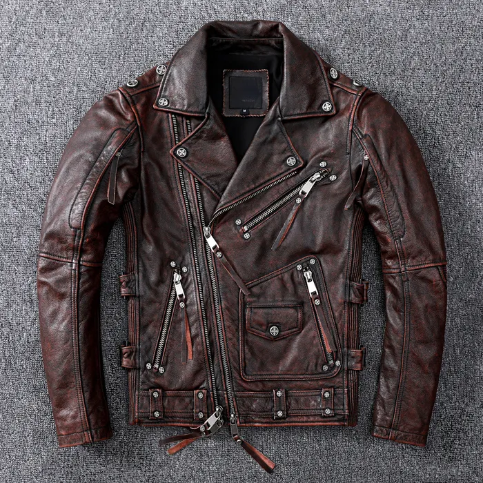 Leerleer Faux Vintage Bruine Motorfietsjack Men Natuurlijke echte Cowhide Jackets Herfst Slim Fit Biker's Ooblique Zipper Coat 230324