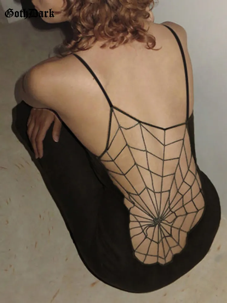 Ethnic Clothing Goth Dark Spider Web See Through Sexy Mesh Gothic Dresse Black Grunge Sling Midi Dress Party Club Evening 230324