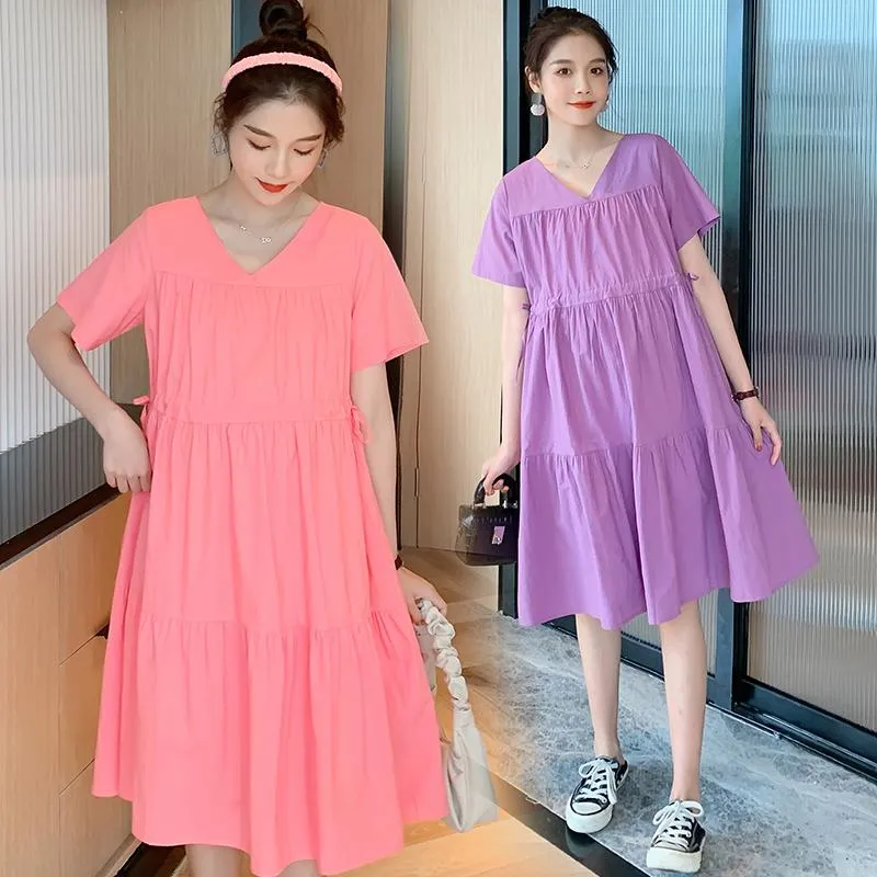 Sukienki macierzyńskie 9025# Ubranie Summer bawełniane krótkie rękawy luźne v szyja solidny kolor zwykły sukienki w ciąży ciąża