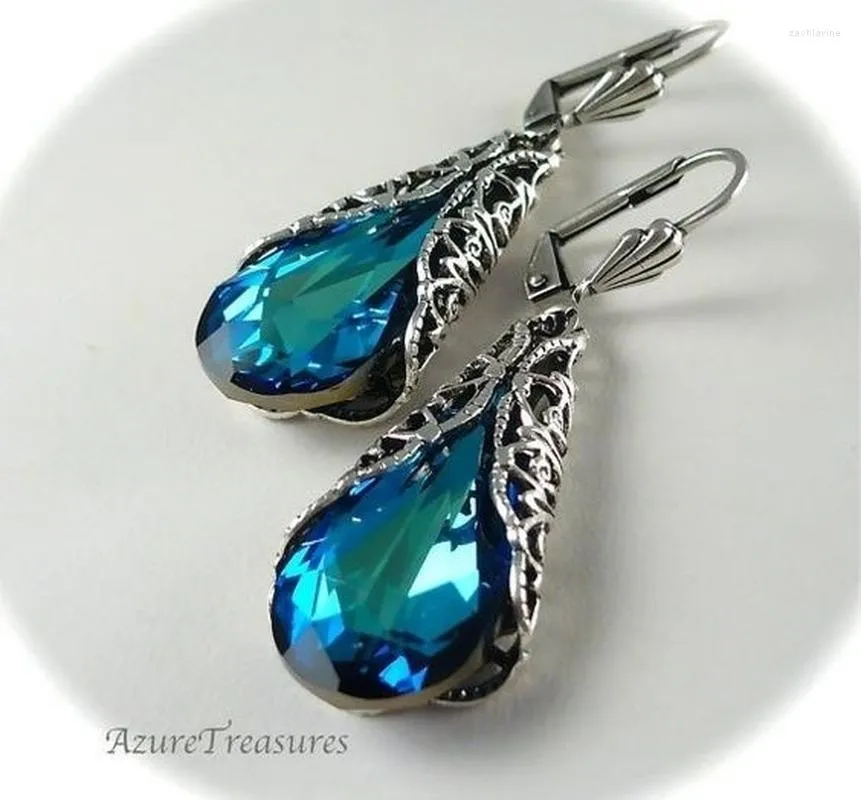 Boucles d'oreilles pendantes luxe bleu marine pierre pour femmes Vintage couleur argent métal creux goutte bijoux