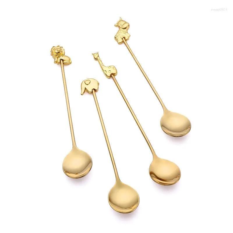 Din sets Sets Gold Spoon Fork Mooi Animal Long Handle Daily servies