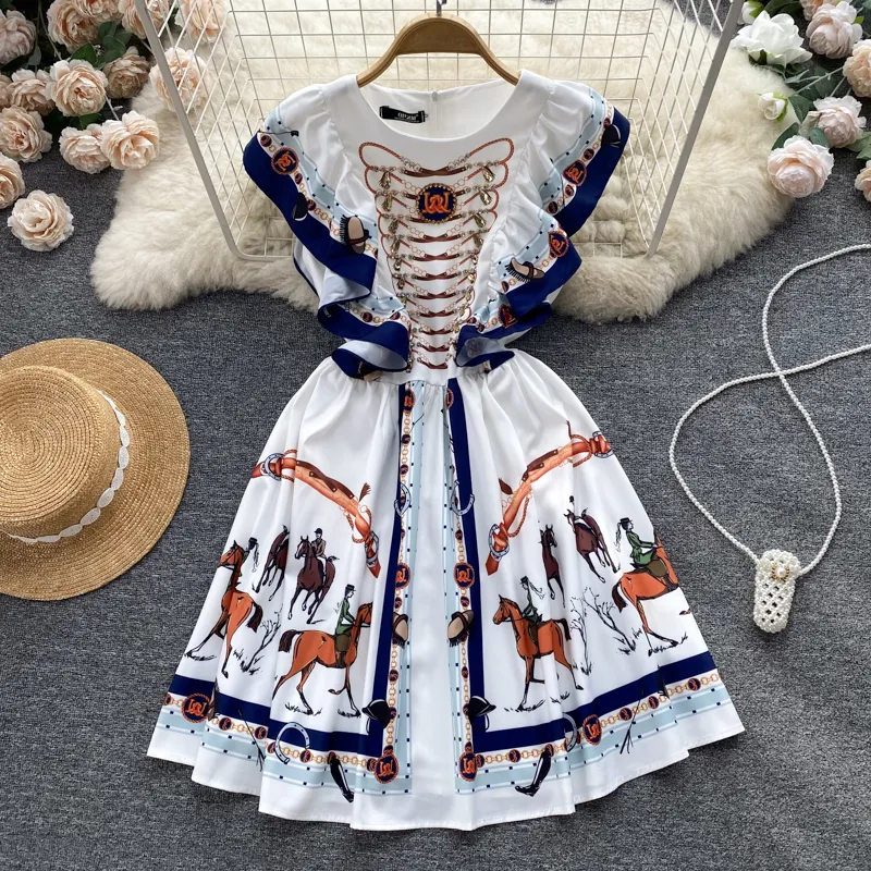 Premium Cool Wind Taille Wrapped Slim Dress Summer Dames Print Round Neck Beach Holiday Middlegth Dress