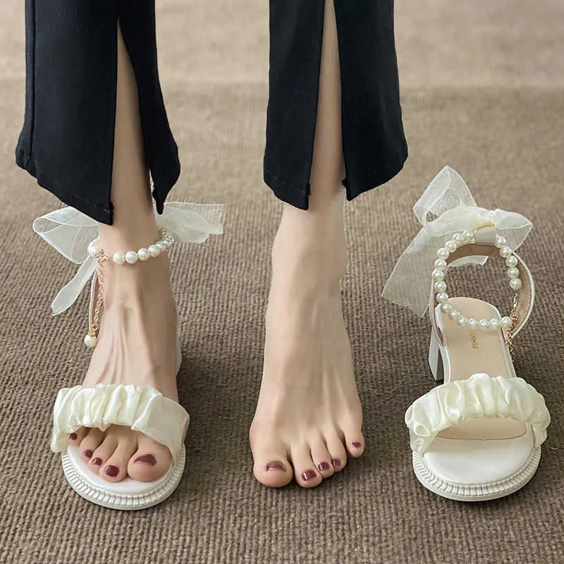 Sandals New Style Single Shoes girl Shoes Summer Sandals Flower Pearl cute Sweet Princess High Heels Lolita women Shoes Z0325