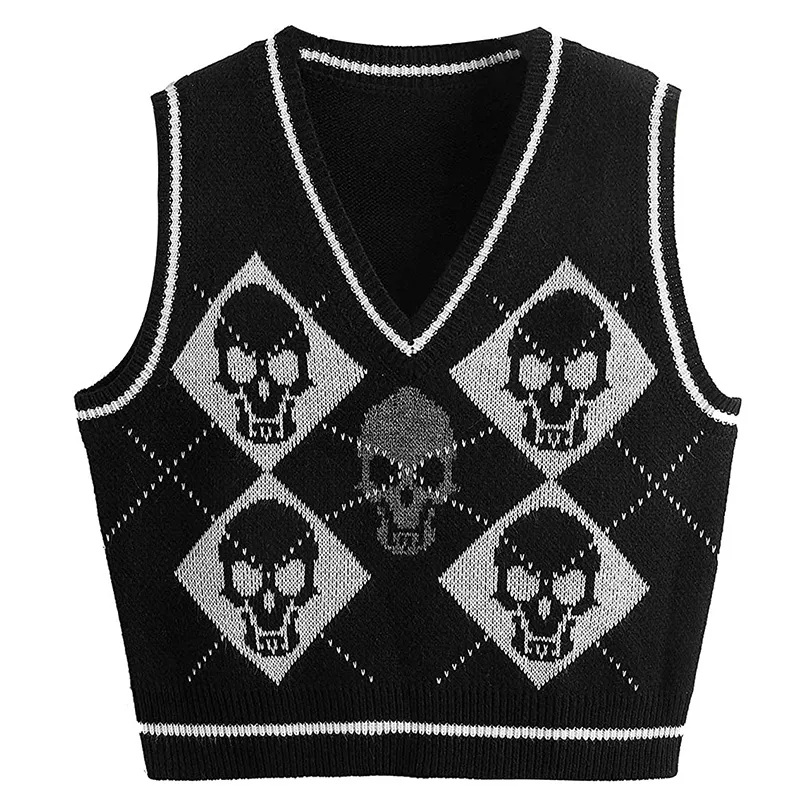 Gilets pour femmes Y2K Gothic Knit Pull Gilet Crâne Argyle Imprimer Motif Tricots Col V Pull Mode Jumper Top Femmes Halloween Streetwear 220325