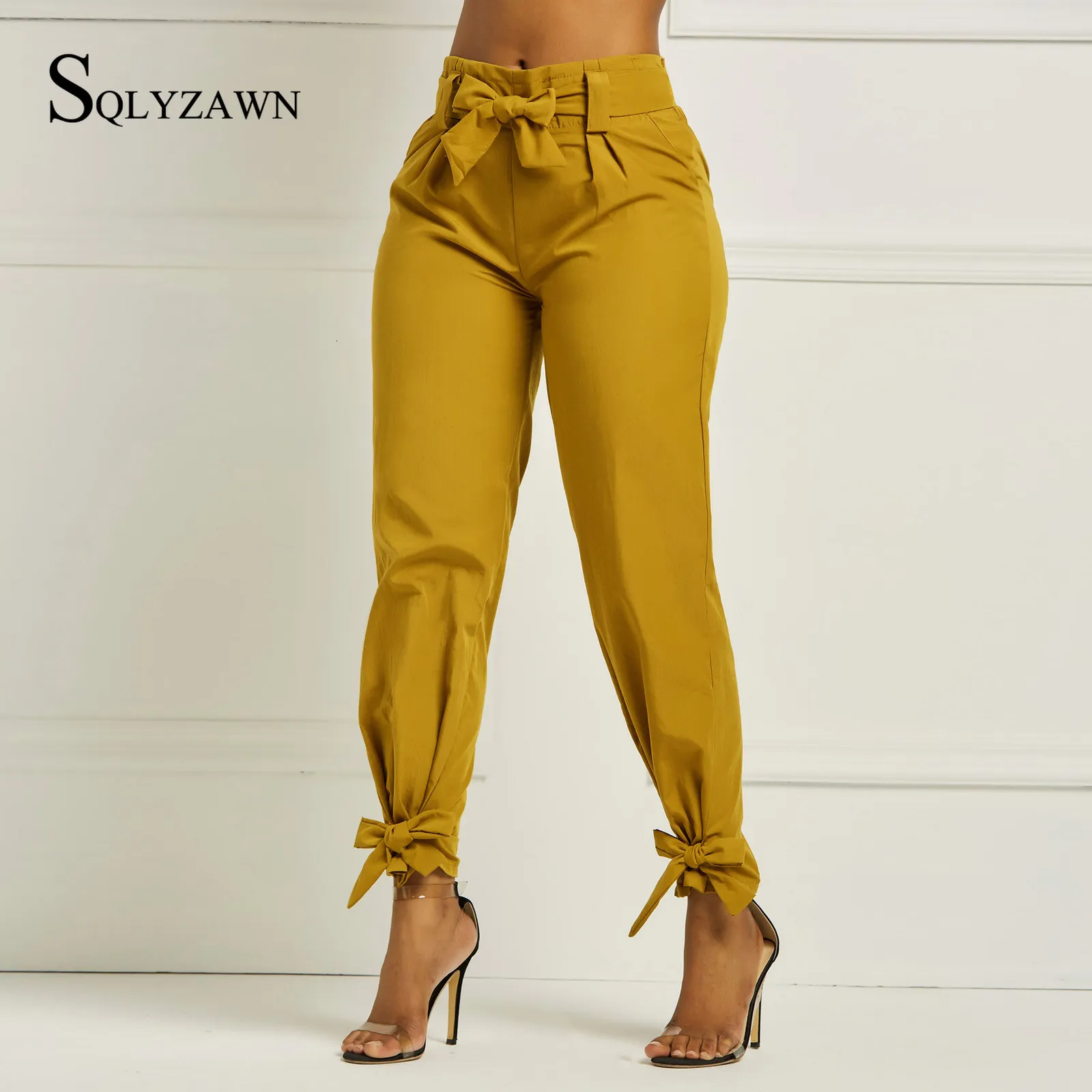 Женские брюки лето твердый цвет гарем с брюками для брюк для поясной пояс.
