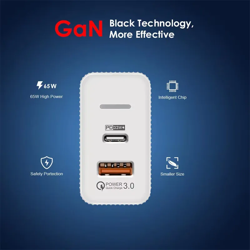 GaN 65W USB C ChD Type C Mobile Phone Wall Chor iPad Xiaomi Samsung iPhone 14 2 Ports Phone Chdapter power supply with box