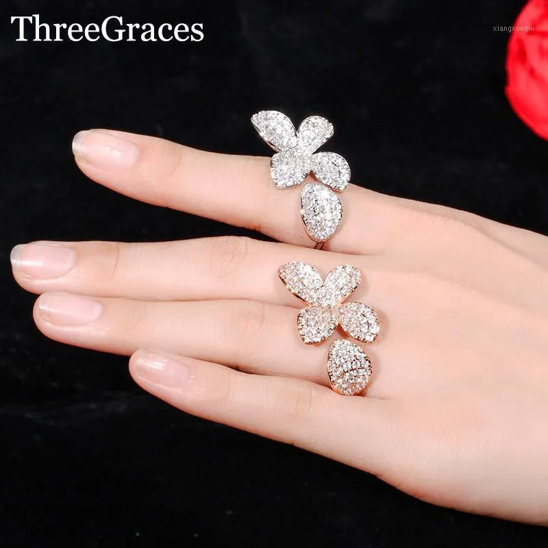 Anillos de banda tres gracios elegantes circonía cúbica pavimento de pavimento joyería de anillo de dedo abierta de flores abiertas para mujeres RG087