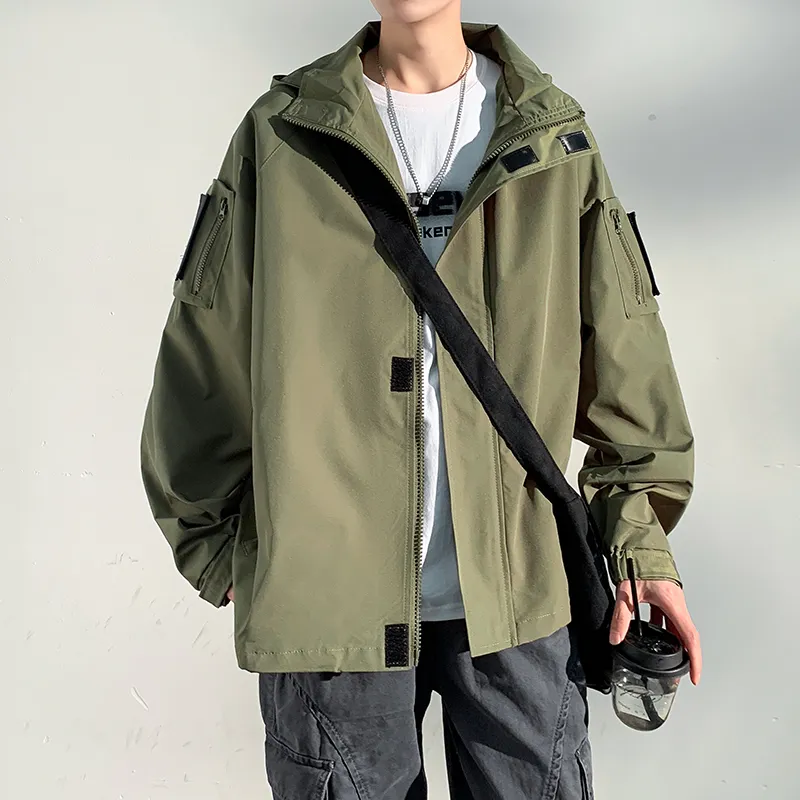 Giacche da uomo Uomo Streetwear Giacca con cappuccio con cerniera allentata Giacca a vento Harajuku Black Khaki Pantaloni a vita bassa Cargo Outwear Cappotti 230325