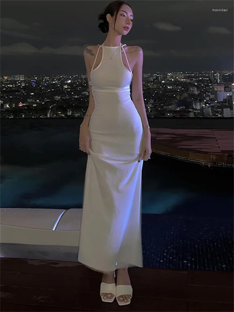 Повседневные платья Habbris Summer Sexy Bangage Halter Backless Maxi Club наряд для женщин 2023 White Bodycon Party Long Dress Женщина