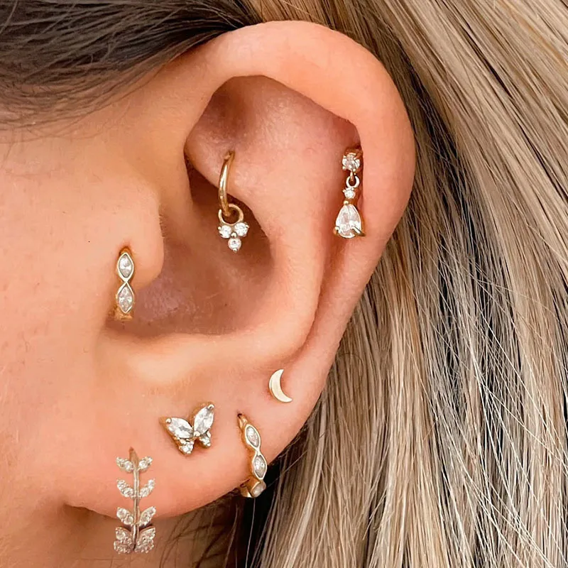 Burun Halkaları Saplamalar 1pc Tragus Rook Helix Kulak Piercing Halkası Kadınlar İçin Kelebek Zirkon Kıkırdak Damla Ay Çember Lob Takı 230325