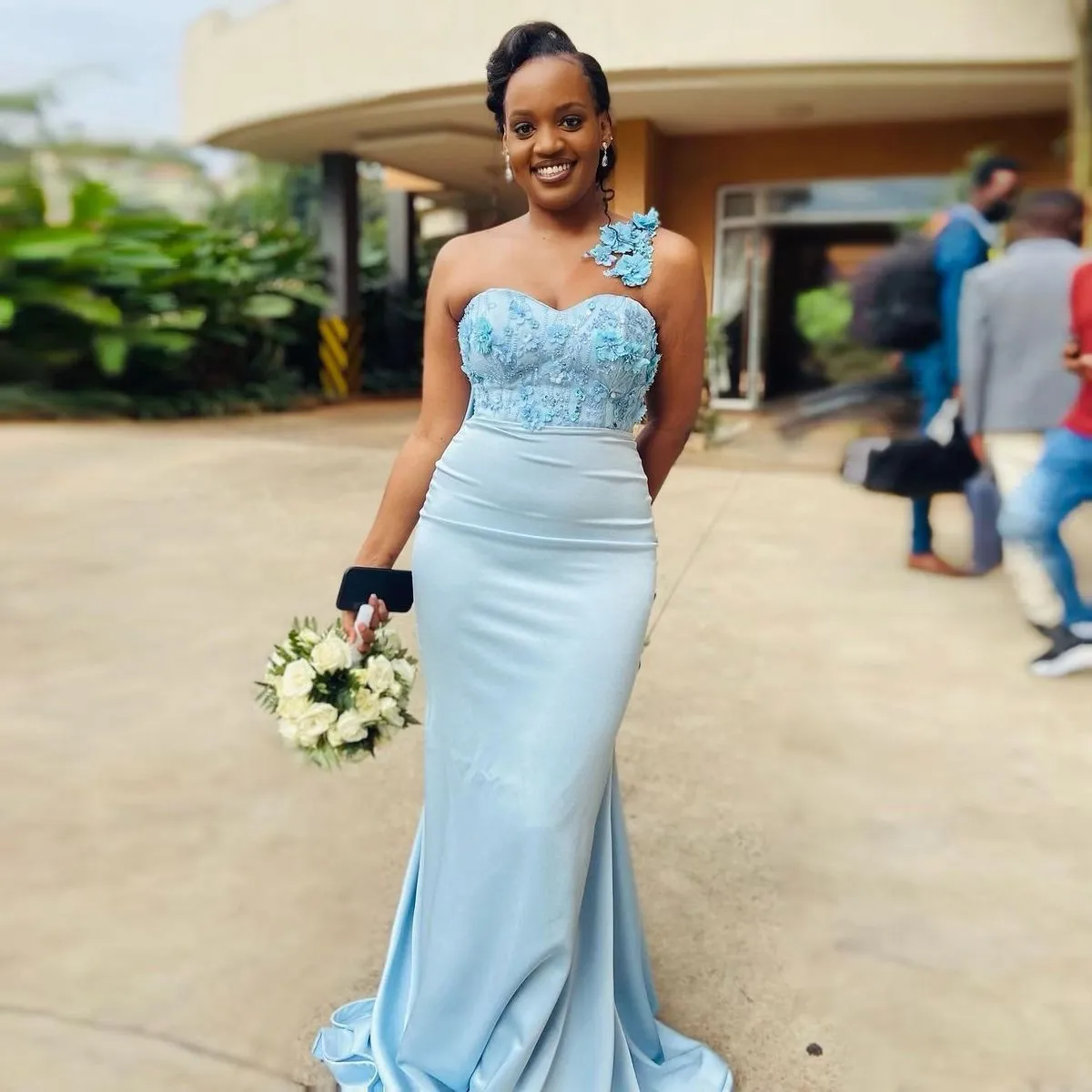 Sky Blue One Shoulder Mermaid Bridesmaid Dress With Lace Sky Blue One Shoulder Mermaid Bridesmaid Dress With Lace
