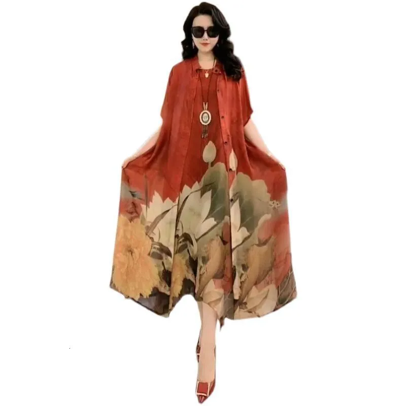 Two Piece Dress Oversize 5XL es Female Two-Piece Suit Spring Summer Fashion Elegant Loose Print Mother es 230325