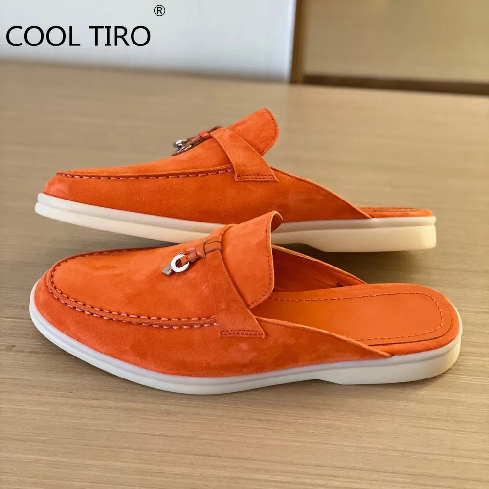 Sandálias Babouche Verão Caminhada Mocassins Mulheres Mules Estilo Aberto Metade Chinelos Laranja Camurça Backless Flat Casual Sapatos Metal Borlas Mocassim 230325