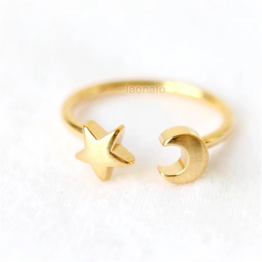 1PCS- R015 Adjustable Star with Crescent Moon Rings Half Moon and Star Rings Cute Simple Celestial Ring for Women279m
