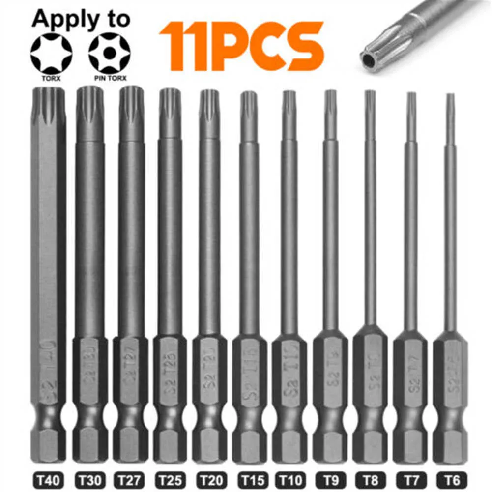 11st Torx Skruvmejsel Bit Set 6.25mm Hex Shank Security Magnetic Head T7/T8/T9/T10/T15/T20/T25/T27/T30/T40 75mm extra lång