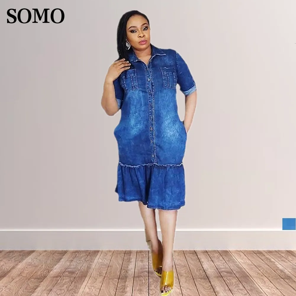 Elegant Blue Patchwork Denim Denim Dress With Lapel For Plus Size