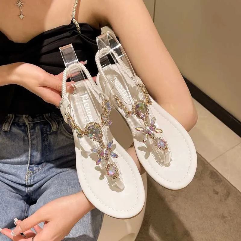 Sandals Feminine Elastic Band Sandals Flip Flops Flats Rhinestone Shoes Summer Open Toe Plus Size 42 Sandals for Women Low Heels Shoes Z0325