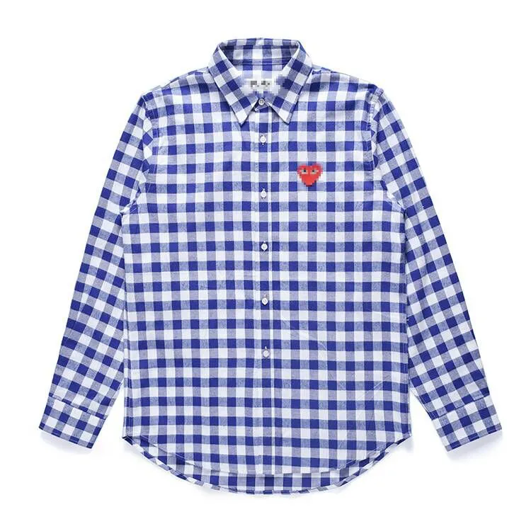 Tasarımcı Erkekler Sıradan Gömlek Com Des Garcons Oynama CDG Adam Kırmızı Kalp Uzun Kollu Mavi/Beyaz Gingham Ekose Gömlek Erkek Boyutu XL