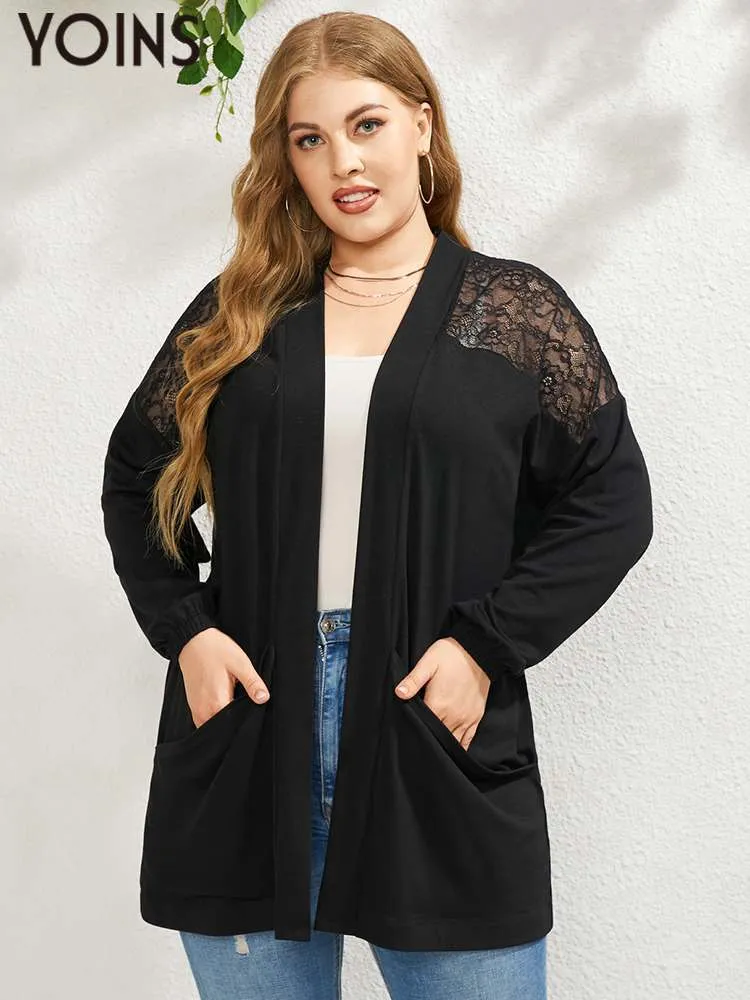 Kvinnors plus storlek ytterkläder rockar yoins kvinnor långärmad cardigan spets lapptäcke höst långa toppar tunna jackor outwear mode bluas plus size kläder 4xl 230325