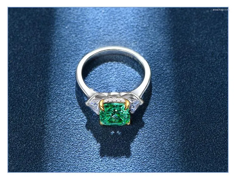 Cluster-Ringe, grüner Edelstein, quadratisch, kostbarer synthetischer großer Diamant-Ring, Schnitt 8, hoher Kohlenstoffgehalt, 925er-Sterlingsilber, europäische Frau